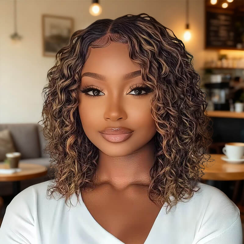 Wear and Go Wigs Brown Highlight Curly Bob Wigs Pre-Cut Lace Glueless Human Hair Wigs