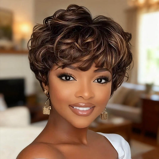 Wear And Go Wigs Pixie Cut Curly Wigs No Lace Machine Made Human Hair Wigs