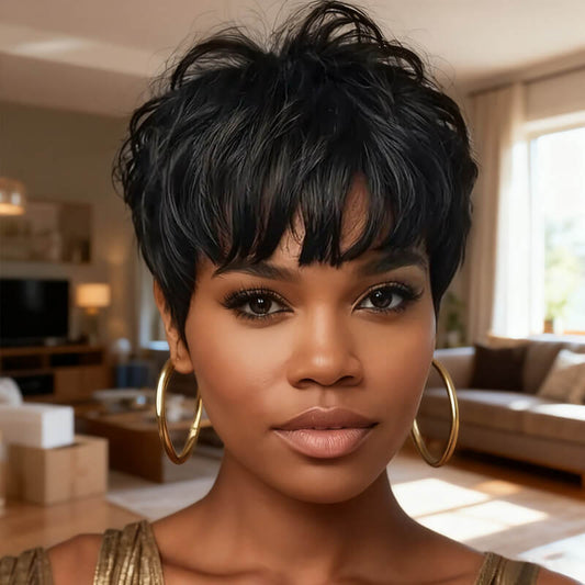 Wear and Go Wigs Pixie Cut No Lace Machine Made Wig Glueless Human Hair Wigs