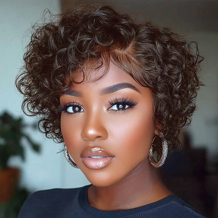 Short Curly Wig Pixie Cut Bob Wigs with Side Part Lace Front Human Hair Wigs