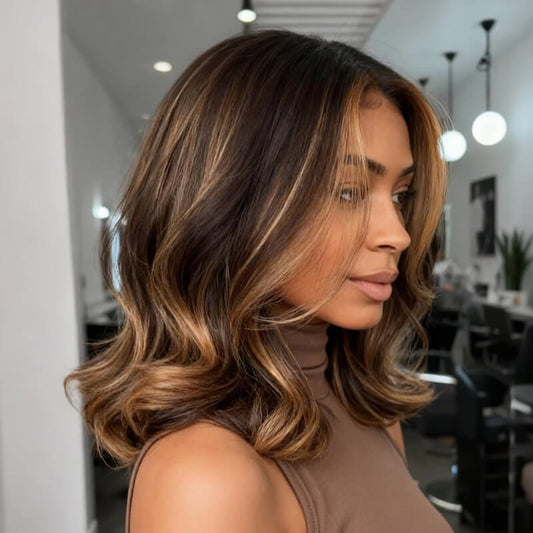 Wear and Go Wigs Glueless Golden Brown Wave Wigs Pre-Cut Lace Human Hair Wigs