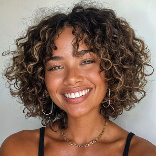 Brown Highlight Short Pixie Cut Curly Bob Wigs With Bangs Glueless Human Hair Wigs