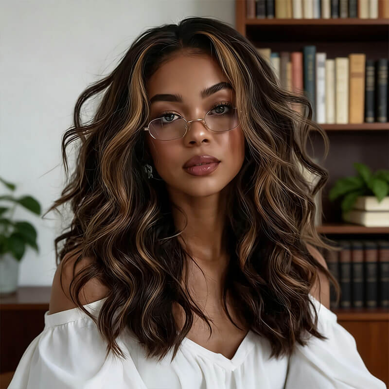 Wear and Go Wigs Golden Caramel Highlight Beach Wave Glueless Human Hair Wigs