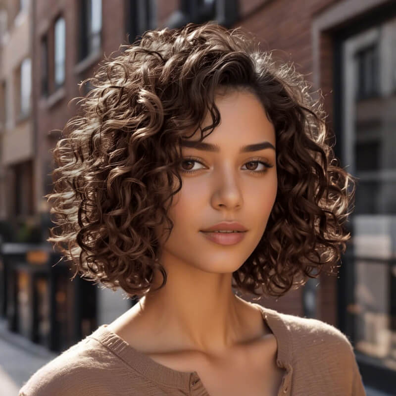 Brown Loose Curly Bob Wigs Glueless Human Hair Wigs