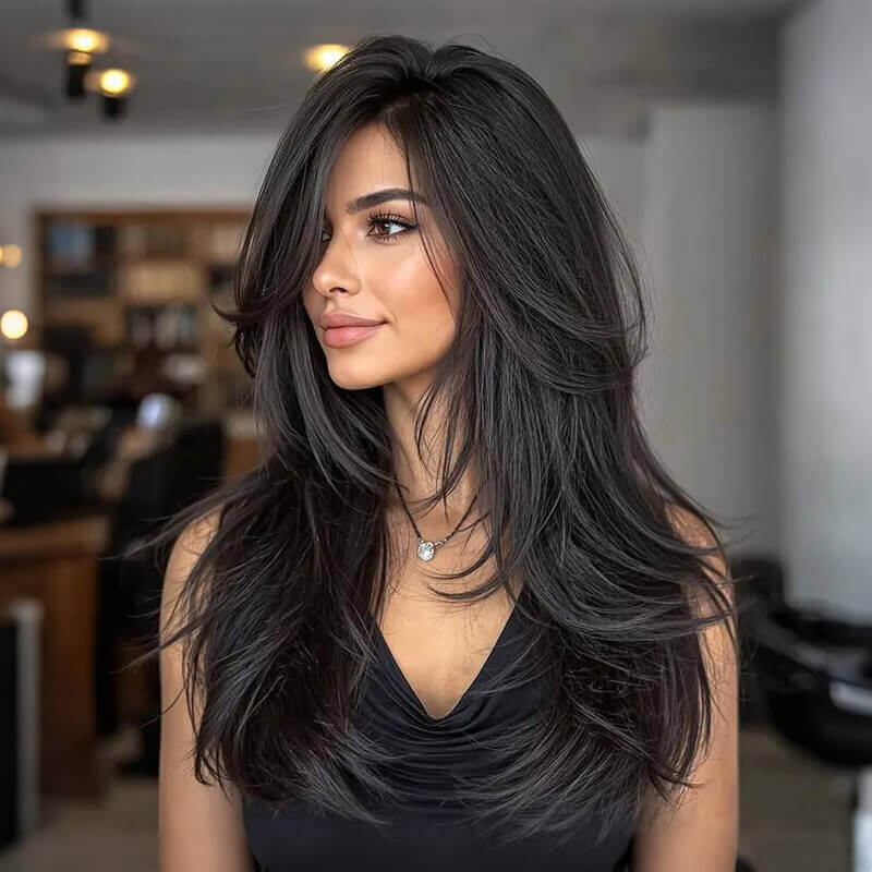 Layered Cut Long Straight Wig With Bangs Glueless Human Hair Wigs