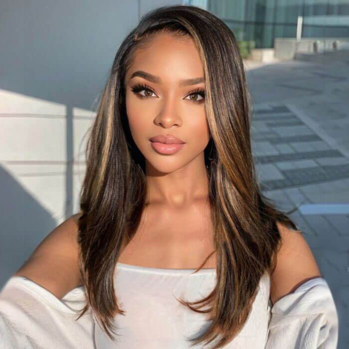 Ready to Wear Wig Brown Highlight Straight Side Part Glueless Human Hair Wigs