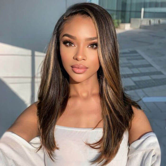 Ready to Wear Wig Brown Highlight Straight Side Part Glueless Human Hair Wigs