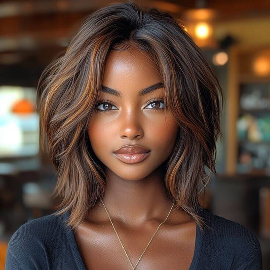 Wear and Go Wigs Glueless Layered Golden Brown Bob Wigs Pre-Cut Lace Human Hair Wigs